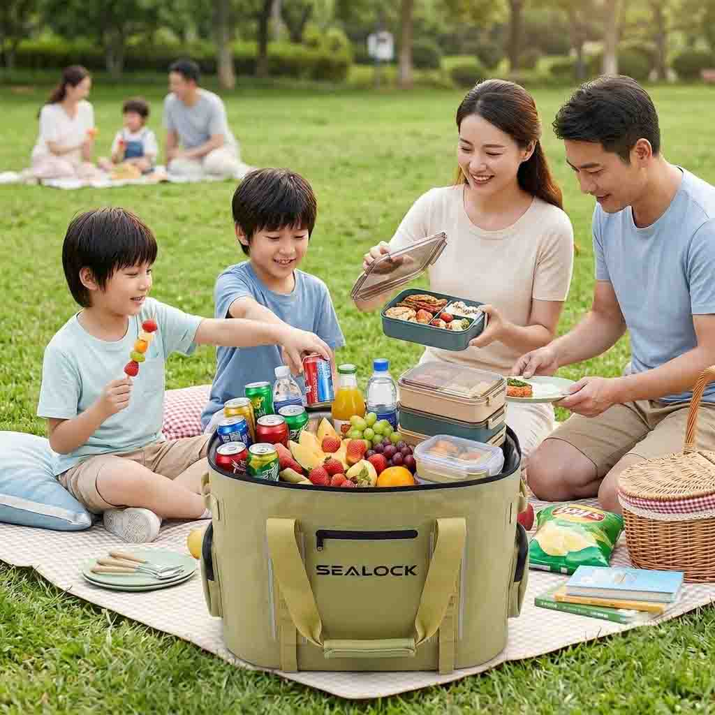large cooler tote bag for family outings packed with food and drinks at a picnic